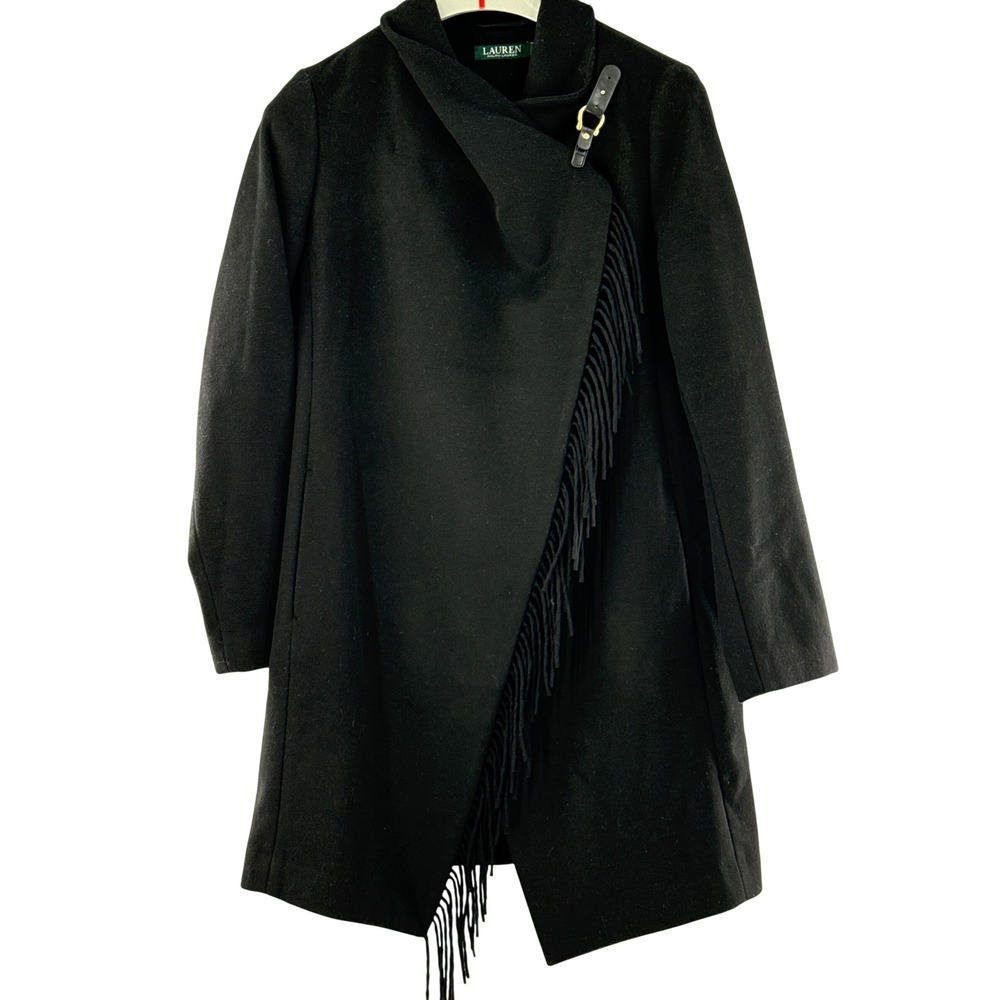 Lauren‎ Ralph Lauren Coat Womens S Black Fringe Wrap Wool Blend Asymmetrical - Picture 3 of 7